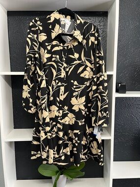 Floral Button-Front Black & Cream Mini Dress